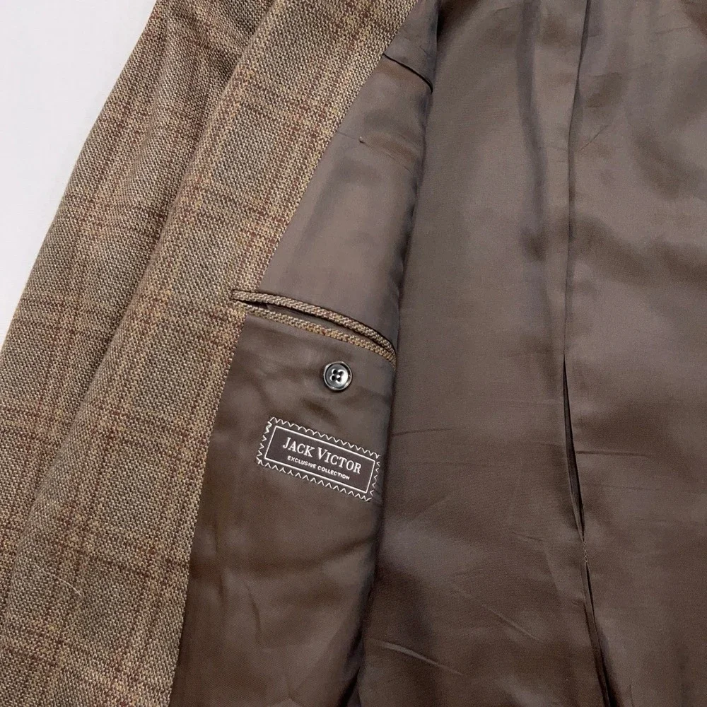 Jack Victor Sport Coat Exclusive Collection Plaid Wool Brown Mens 44 L